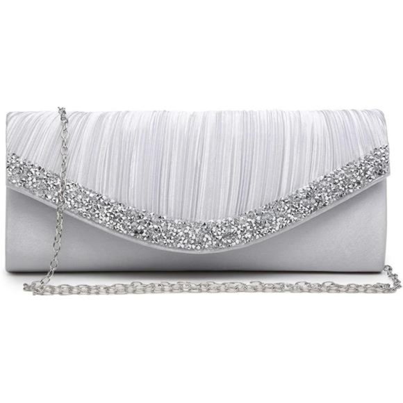 Evening Clutch Crossbody Bag Silver Purse Wedding Handbag Party Prom Bridal Gift - Picture 2 of 6